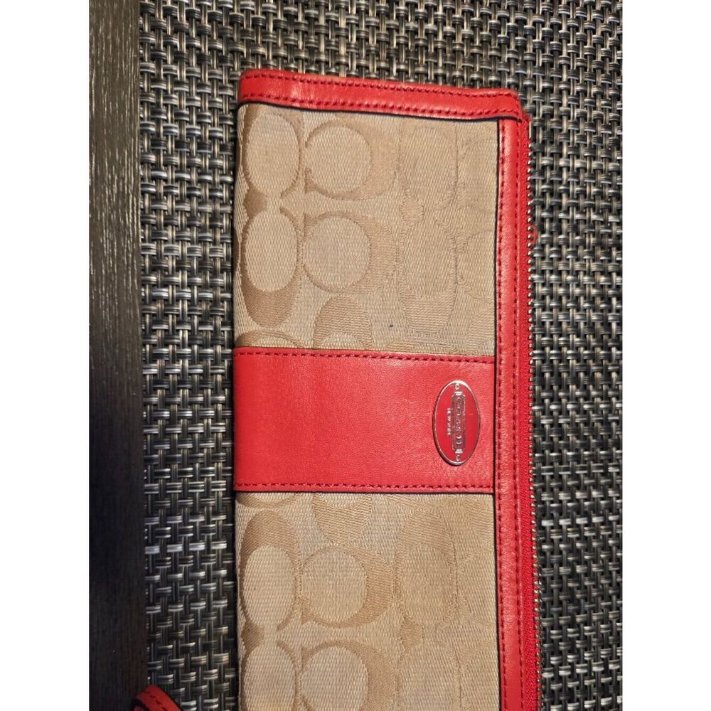 Coach Light Khaki Legacy Orange Coral Stripped Signature Wallet Wristlet